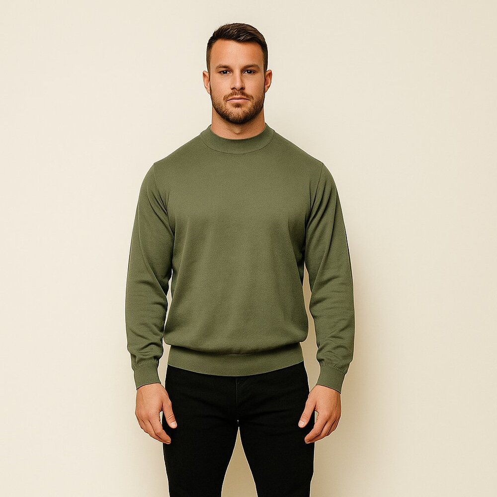Pronto Uomo Sweater Men XL/TG Olive Silk Cotton Blend Mock Neck Old Money Preppy